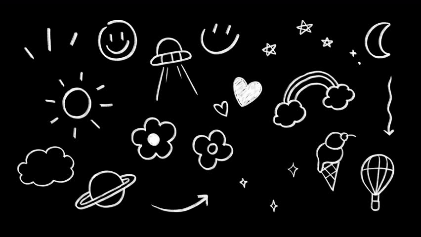 Set of cute doodle icons, wiggle animation stickers: Aura, sunray, cloud, Saturn, flowers, sparkles, star, heart, rainbow, ice cream, moon, balloon, arrows, UFO on a transparent background, alpha