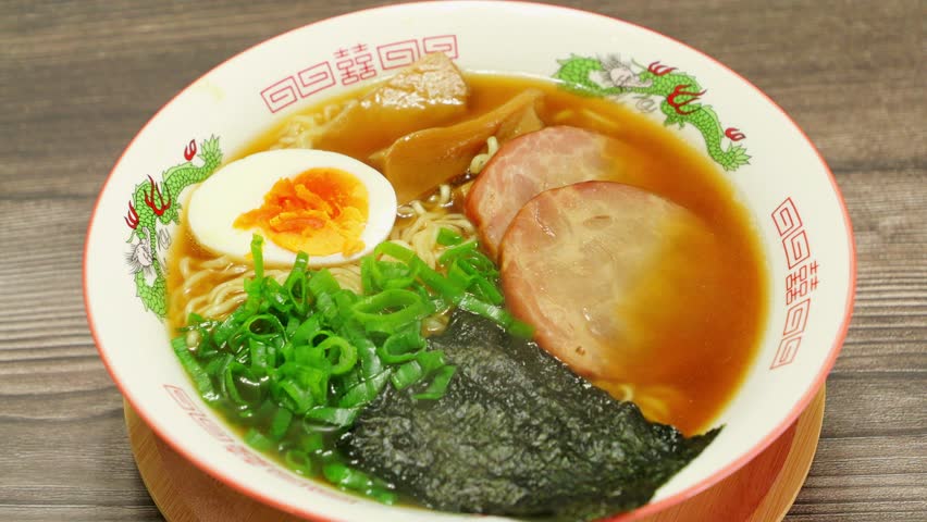 Retro-style ramen (noodle), an old popular home-style dish in Japan, red rice bowl