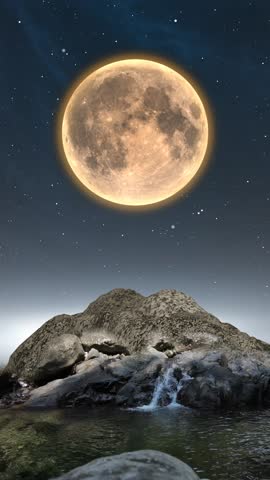 The river flows with a full moon in the backgrounde