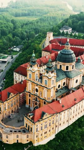 Aerial view of the famous St. Peter and Paul Church in Melk Benedictine Abbey, Wachau Valley, Lower Austria.