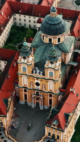 Aerial view of the famous St. Peter and Paul Church in Melk Benedictine Abbey, Wachau Valley, Lower Austria.
