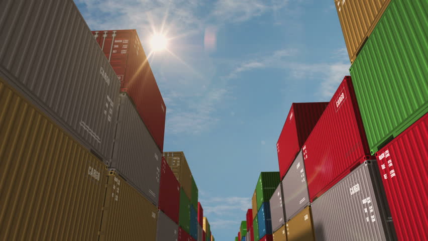 Cargo transport import export cargo containers in row seamless and loopable business concept. International trade industrial shipping box 3d loop.