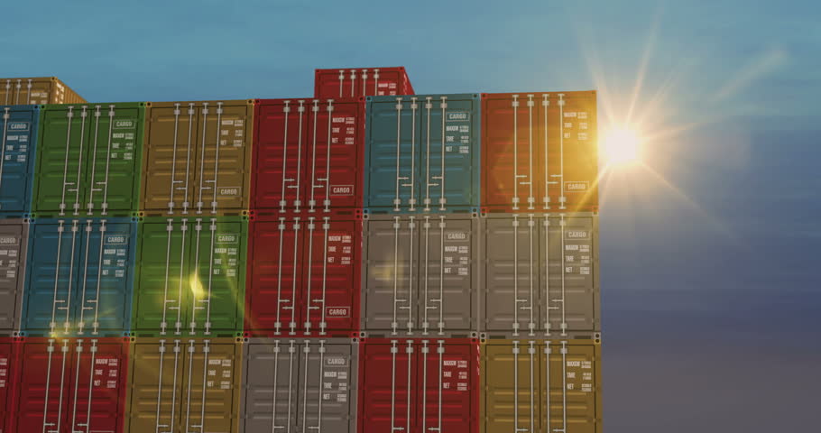 Cargo transport import export cargo containers in port terminal business concept. International trade industrial shipping box 3d.