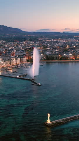 Aerial Vertical view of Geneva Water Fountain in Geneva Lake, Switzerland.