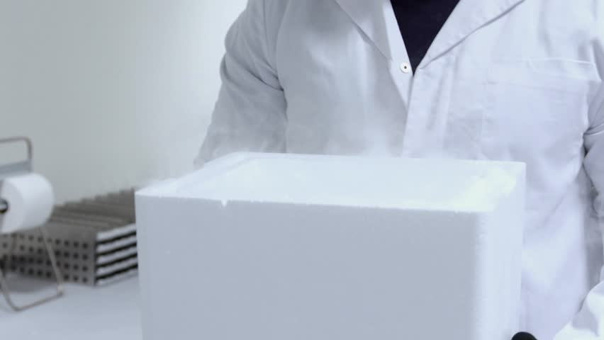 Scientific researcher wearing protective gear handling white vapor from styrofoam container during dry ice sublimation experiment in sterile laboratory setting