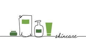 Skincare cosmetics animated illustration. One continuous self drawing line animation, footage with bottles, doypack and lettering skincare - Powered by Shutterstock - Get 15% off with code: PIKWIZARD15