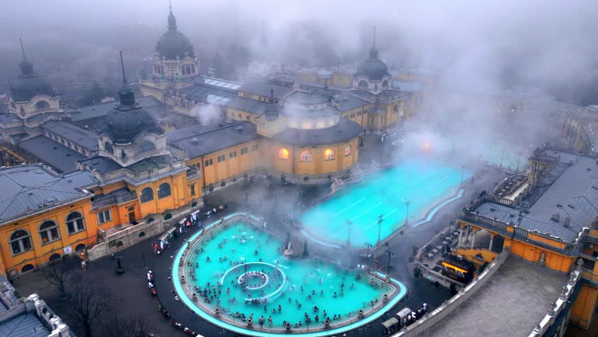 aerial view of Budapest Szechenyi Thermal Baths, capital of Hungary in winter from a drone, hot springs in Hungary in winter