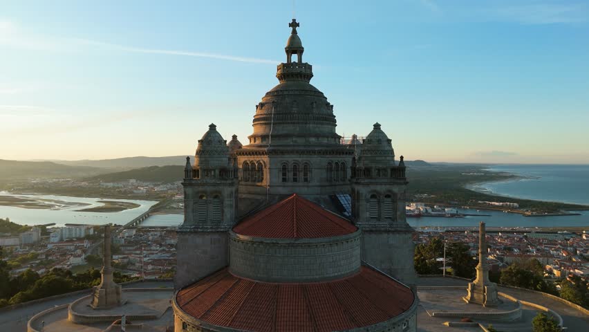 Basilica Santa Luzia at Sunrise. Viana do Castelo City, Portugal. Aerial View. Moving Upwards, Tilt Down