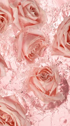 Super Slow Motion of Pink Rose Petals with Splashing Water Surface on Light Pink Background