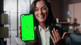Happy Caucasian woman win mobile phone smartphone green screen chroma key female businesswoman advertise achieve good news amazing empty display web mockup app excited girl cellphone business office - Powered by Shutterstock - Get 15% off with code: PIKWIZARD15