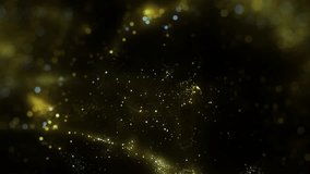 Gold Particles Moving Background. fast energy flying wave line with flash lights. Particle from below. Particle gold dust flickering on black background. Abstract Footage background for text. - Powered by Shutterstock - Get 15% off with code: PIKWIZARD15