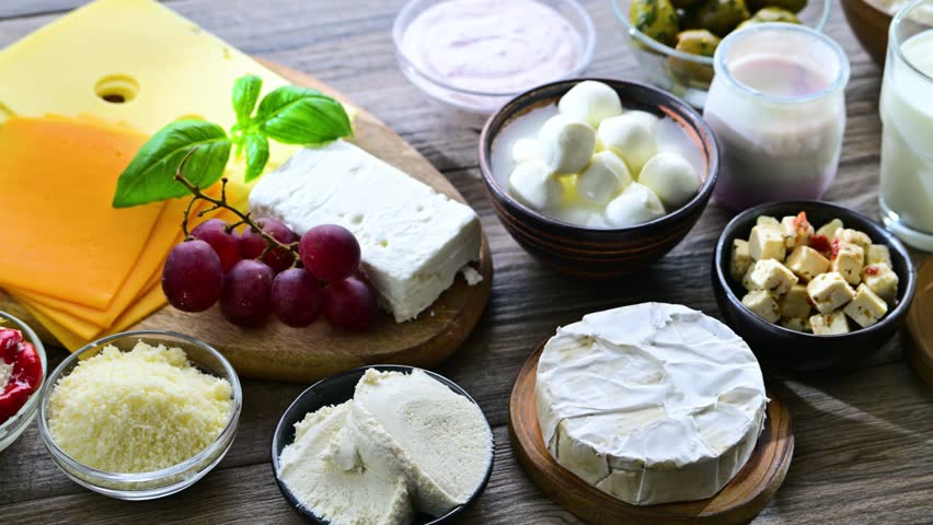 A variety of dairy products including cheese, milk and yogurt.