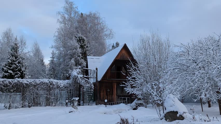 Winter landscape, snowy forest, trees and wooden house