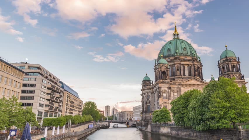 Berlin Germany time lapse city skyline at Berlin Cathedral (Berliner Dom) and Spree River