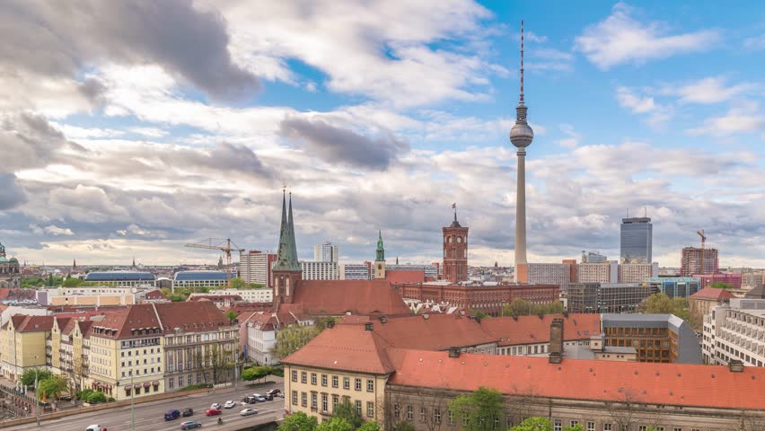 Berlin Germany time lapse city skyline at TV Tower and Spree River