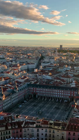 Aerial Vertical view of historical downtown of Madrid city in Spain. plaza mayor