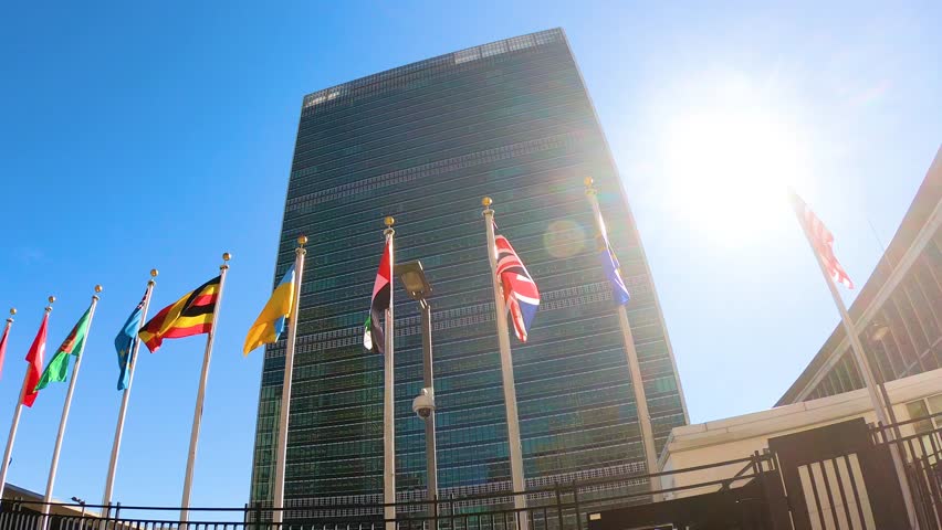 UN building under a shining sun in Manhattan, New York City, USA