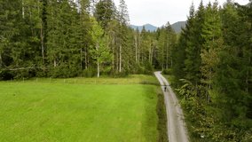 Aerial view of male cyclist riding gravel bike in September in Bavaria, Germany in forest. Drone view of bicyclist from behind riding along gravel bike route in Bavarian forest in the mountains.  - Powered by Shutterstock - Get 15% off with code: PIKWIZARD15