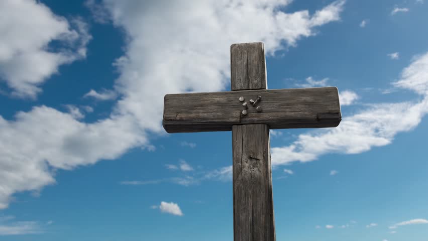 Hyper lapse of the Christian cross against flow of the cloud in blue sky, religion spirit pray to god and heaven