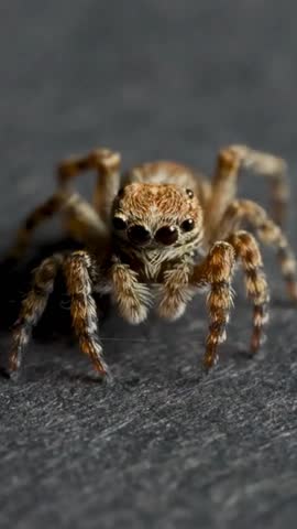 Spider walking on the floor of house.  Nature, indoor, wild life. Macro shot of house spider. Cute insect, jumping spider