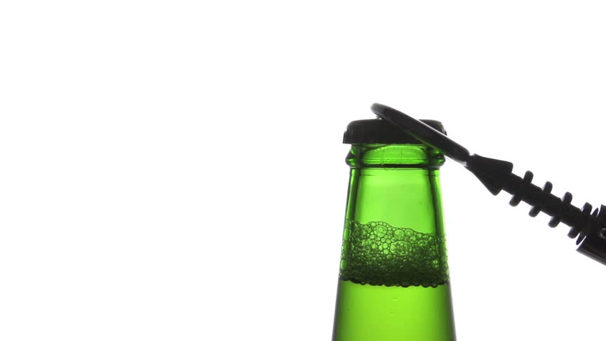 opening beer bottle with metal opener slow motion