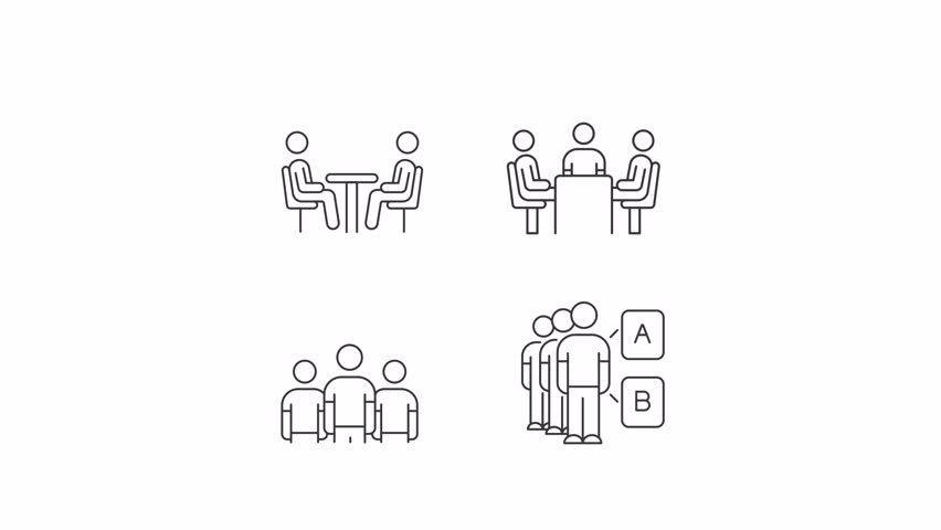 Team meeting animation set. Customers audience animated line icons. Teamwork conversation, business. Black illustrations on white background. HD video with alpha channel. Motion graphic