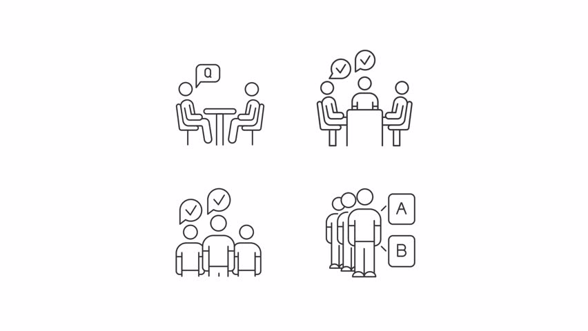 Team meeting animation set. Customers audience animated line icons. Teamwork conversation, business. Black illustrations on white background. HD video with alpha channel. Motion graphic