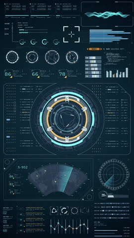 Motion graphic of Blue digital Head up display (HUD UI) and circuit panel technology interface screen with futuristic elements graph and chat panel abstract background vertical video concepts
