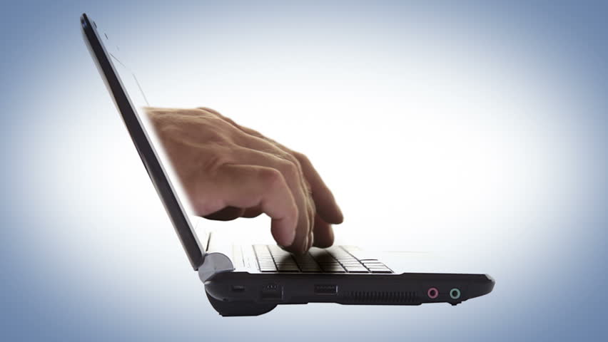 Light background. Men's hands appear out of a laptop monitor and typing on the