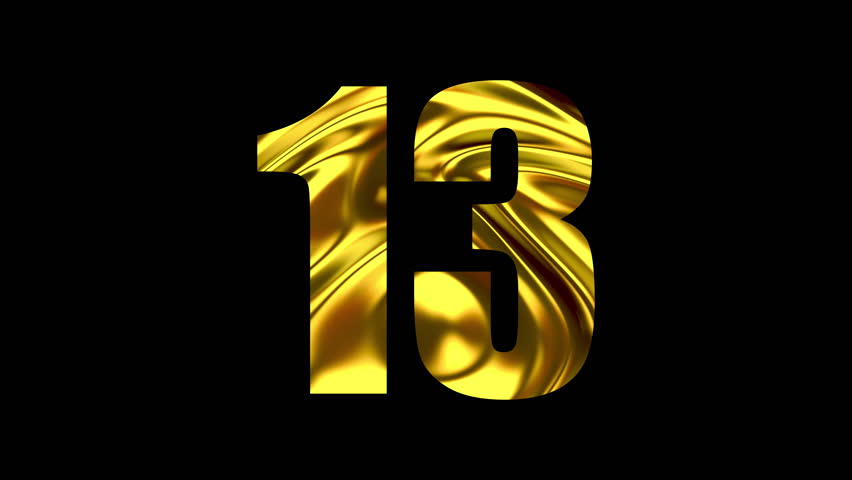 Golden Number 13 seamless loop animation on black background. 4K