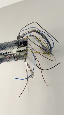 Loose and tangled electrical wires emerging from a wall-mounted junction box during construction or renovation.