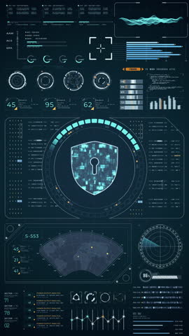 Motion graphic of Blue digital security shield with head up display (HUD UI) and circuit panel futuristic abstract background network firewall technology and data secure vertical video concepts