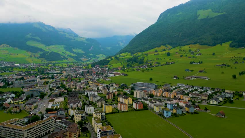 4K Drone Video of Scenic Village at the base of Stanserhorn Mountain in Stans, Switzerland