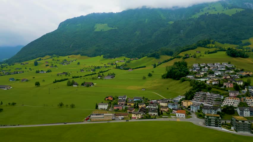 4K Drone Video of Village at the base of Stanserhorn Mountain in Stans, Switzerland