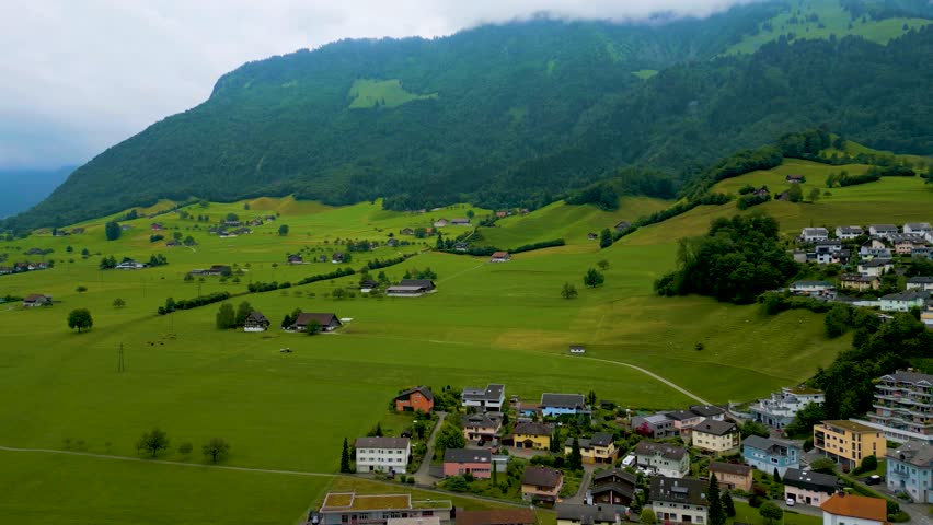 4K Drone Video of Village at the base of Stanserhorn Mountain in Stans, Switzerland
