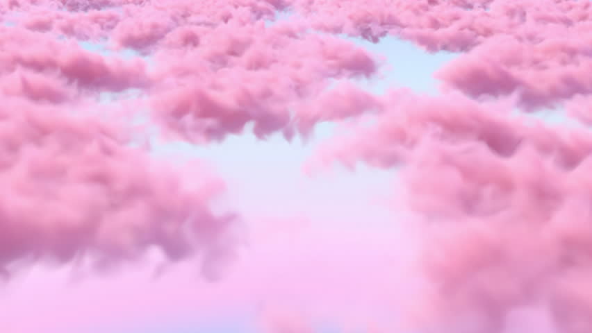 Pink clouds in a fantasy sky. Camera moving through pink cumulus seen from above. Background of beautiful pink fluffy clouds in the turquoise sky. Celestial sky full of clouds. Flying through clouds.