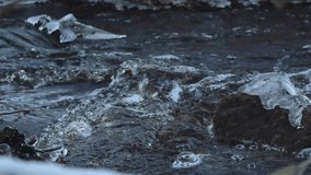 Close up slow motion footage of dark river water flowing during winter day with foamy and bubbly waves. Ice covered rocks are in the water and water is in sharp focus. Snowy river bank visible in back - Powered by Shutterstock - Get 15% off with code: PIKWIZARD15