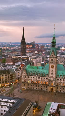 4k Aerial drone view Hamburg town hall building, city center. Germany.