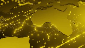 Africa, and parts of Asia on a yellow digital world map with glowing network connections. Concept of global technology, communication, and connectivity - Powered by Shutterstock - Get 15% off with code: PIKWIZARD15