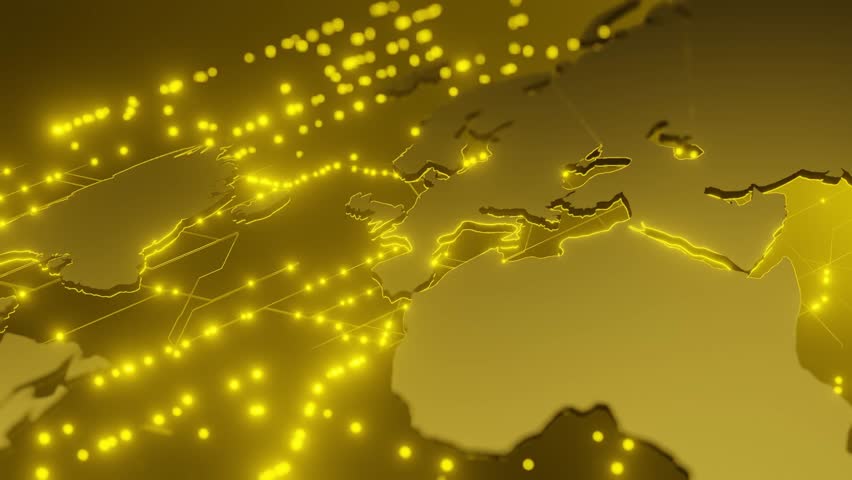 Europe, Africa, and parts of Asia on a yellow digital world map with glowing network connections. Concept of global technology, communication, and connectivity