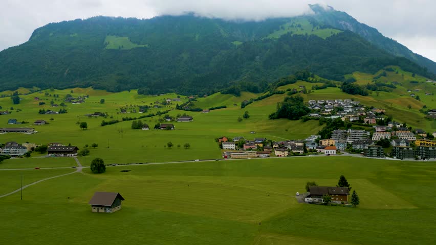 4K Drone Video of Village at the base of Stanserhorn Mountain in Stans, Switzerland