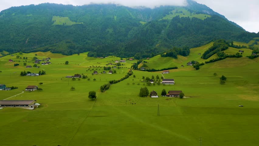 4K Drone Video of Scenic Homes at the base of Stanserhorn Mountain in Stans, Switzerland
