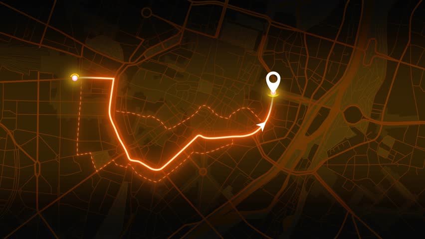 Alstadt GPS neon orange animation of route.4K. 60FPS 
