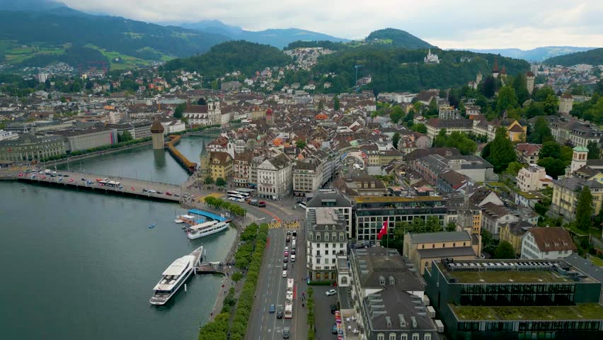 4K Drone Video of the Buildings and Shops in the Old Town area of Lucerne, Switzerland