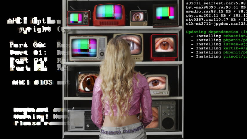 Female from behind watching a wall of retro televisions with changing eyes 