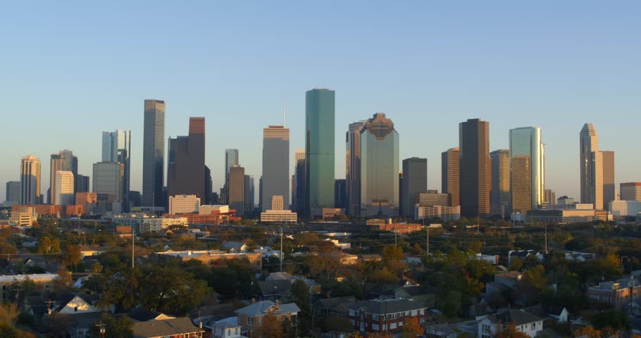 Wide angle drone view of the downtown Houston, Texas and surrounding area