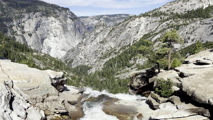 Top of Nevada Falls looking over valley of Yosemite National Park 4k