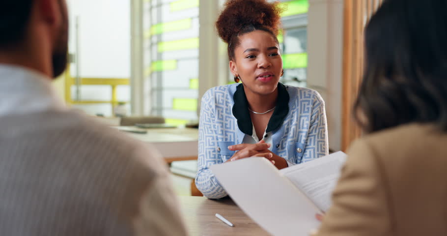 Meeting, job interview and business people with candidate in office for recruitment process. Discussion, document and acquisition specialists with applicant for resume review in hiring evaluation.