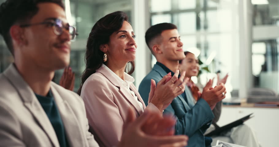 Business people, audience and applause at conference, tradeshow or announcement with seminar event. Workshop, achievement and success with growth, sales proposal and support for presentation pitch