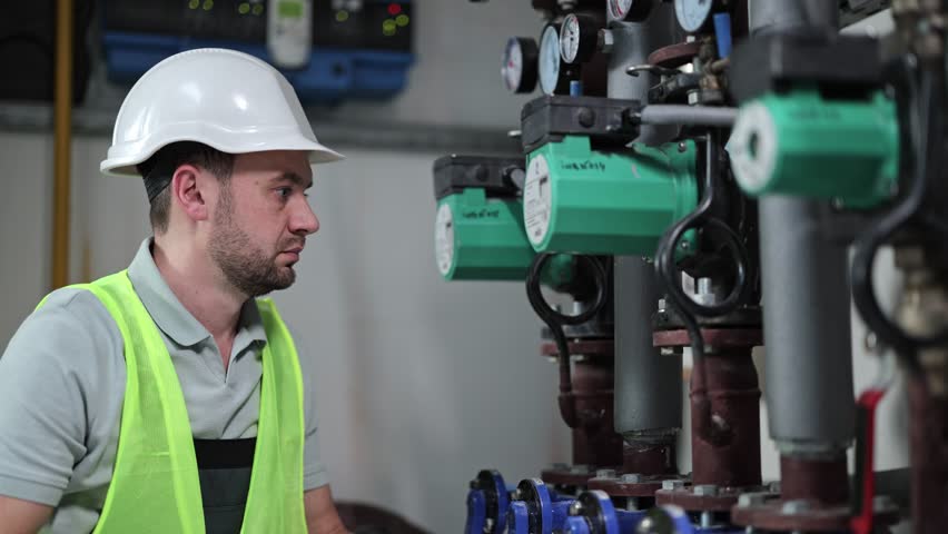 Focused male engineer in boiler room examining heating system equipment. Professional worker in hardhat fixing pipes using pliers. Industrial work, plumber, engineering.